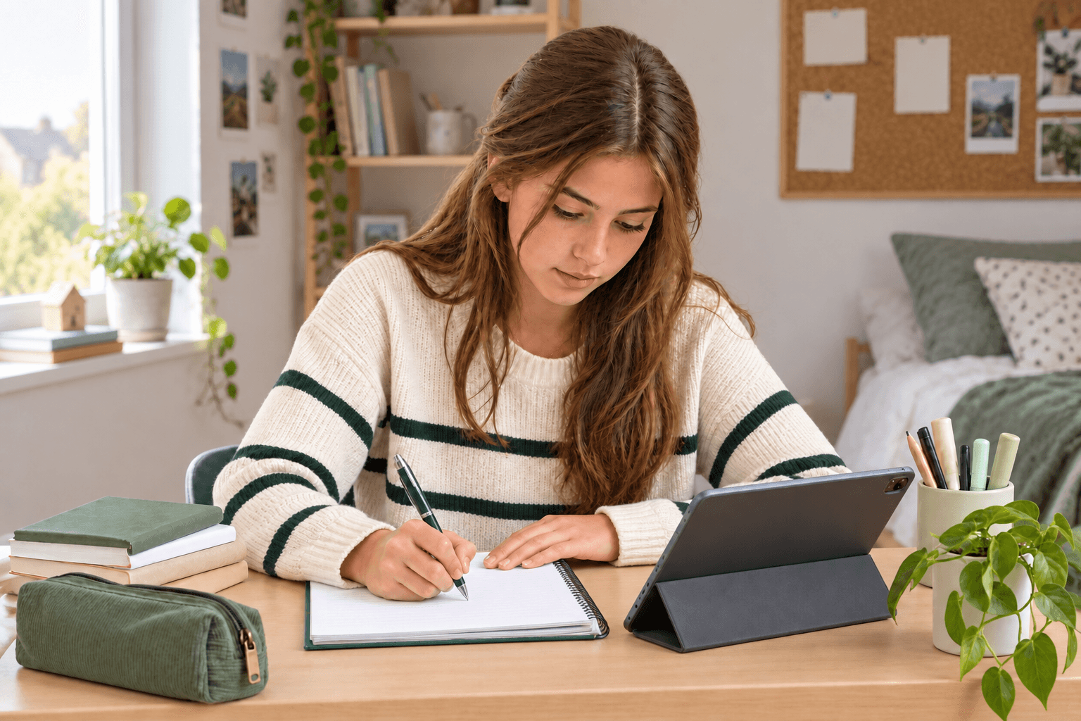 Une élève révise dans son cahier avec sa tablette à côté